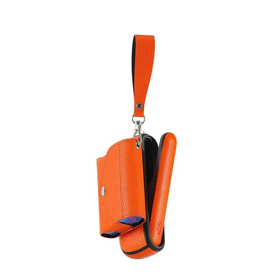 ILUMA protective leather case in vibrant orange, designed for IQOS ILUMA, showcasing style and protection.