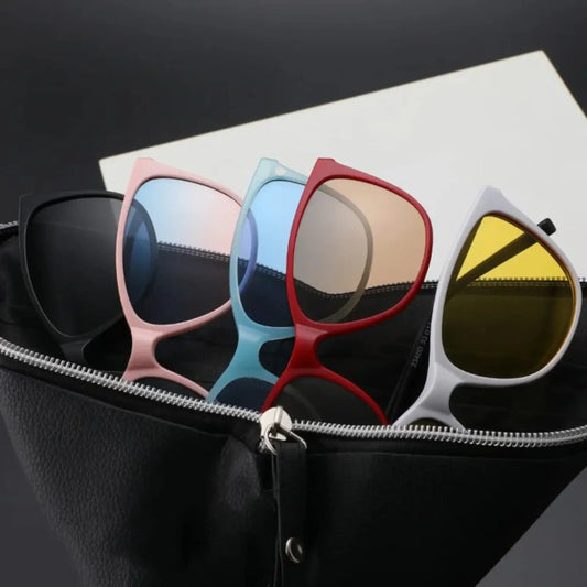ChromaSwitch 6-in-1 Magnetic Sunglasses JO in a stylish black bag showcasing multiple frame colors.