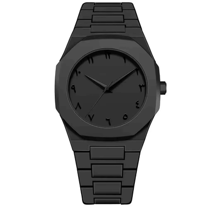 Stealth Arabic Dial Watch in sleek monochromatic black with Eastern Arabic numerals and integrated link bracelet.